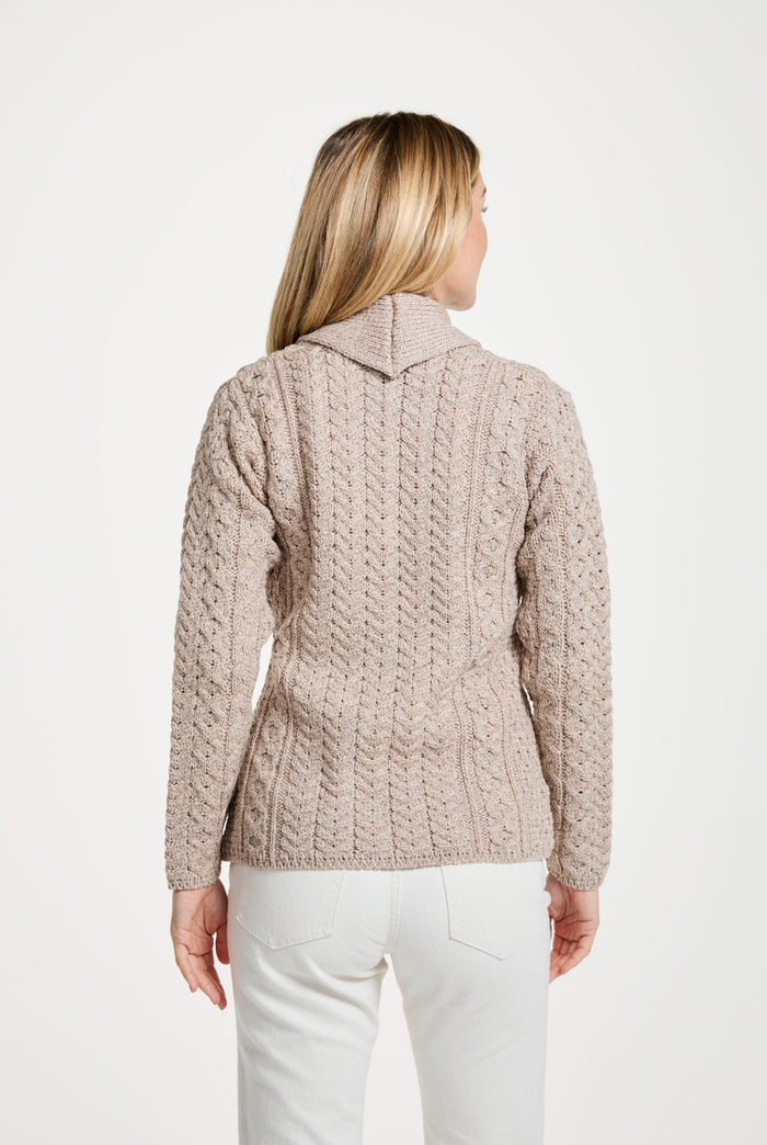 Ladies wool cardigan, merino wool, made in Ireland, knitwear, cable knit, V neck sweater, cardigan, aran wool, oat