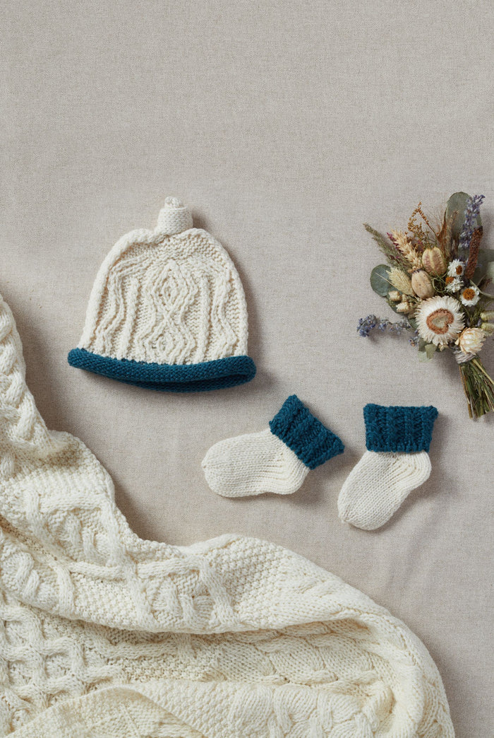 Aran Baby hats, Children's knitwear, Knitwear for baby, baby aran wool, Ireland, Hat & Scarf, gift, cream, teal