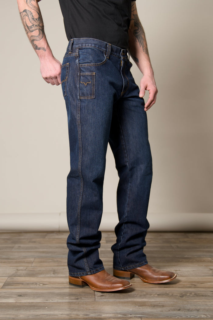 Watson men's dark wash bootcut jean with knife pocket; #color_dark wash