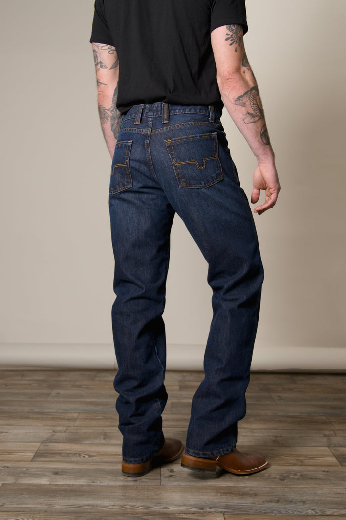 Men's relaxed fit dark wash bootcut jean; #color_dark wash